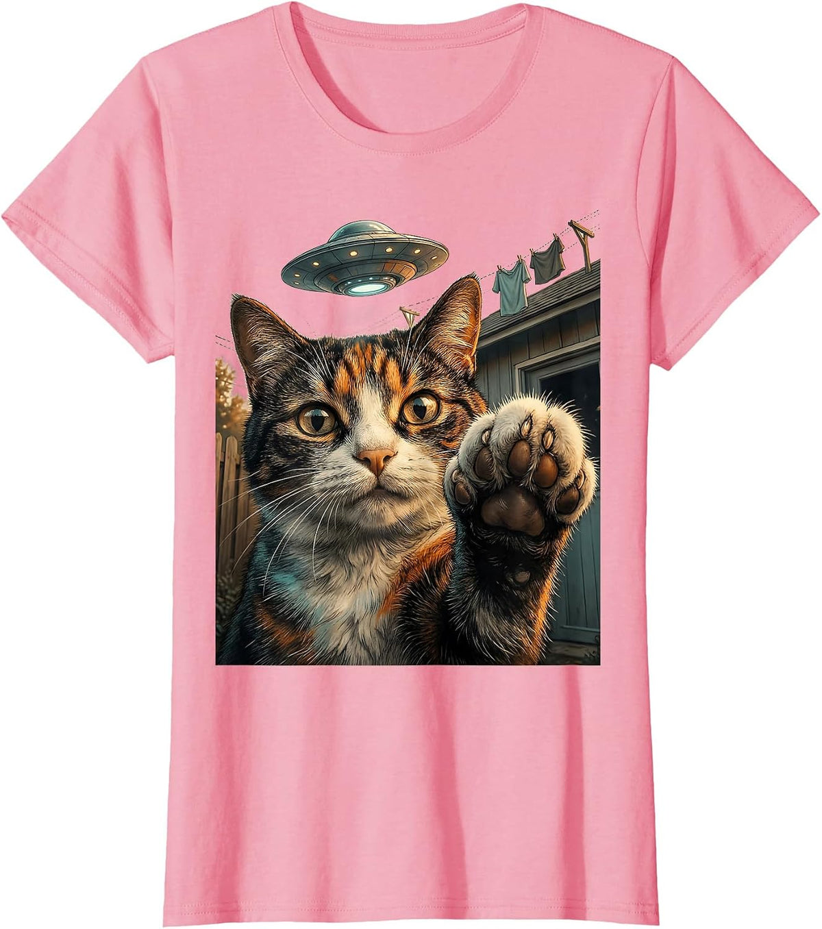 Women's Startled Cat UFO Selfie Funny Cat Lover Gift T-Shirt - Pink