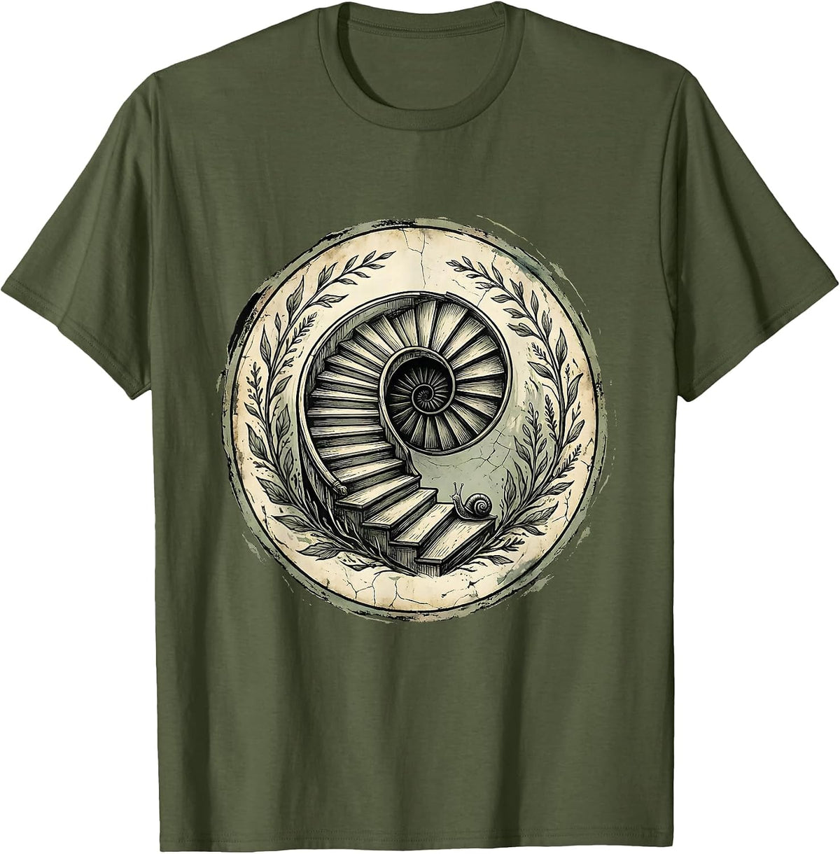Snail Climbing Spiral Staircase Illustration T-Shirt - Olive Green