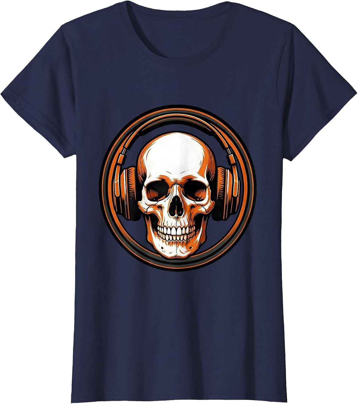 Women's Skull With Oversized Headphones Graphic Tee T-Shirt - Navy Blue
