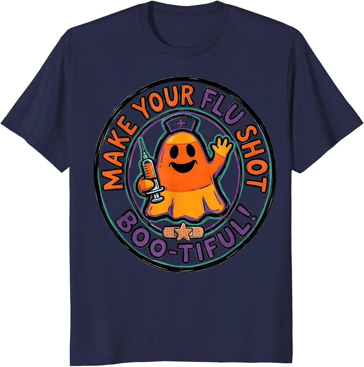 Men's Make Your Flu Shot Boo-tiful Funny Nurse Ghost Halloween T-Shirt - Navy Blue