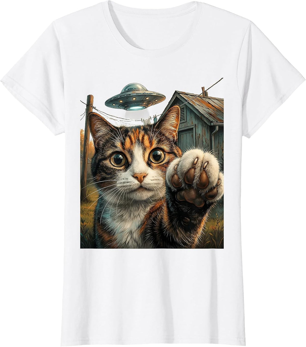 Startled Cat UFO Selfie Funny Cat Lover Gift T-Shirt - White
