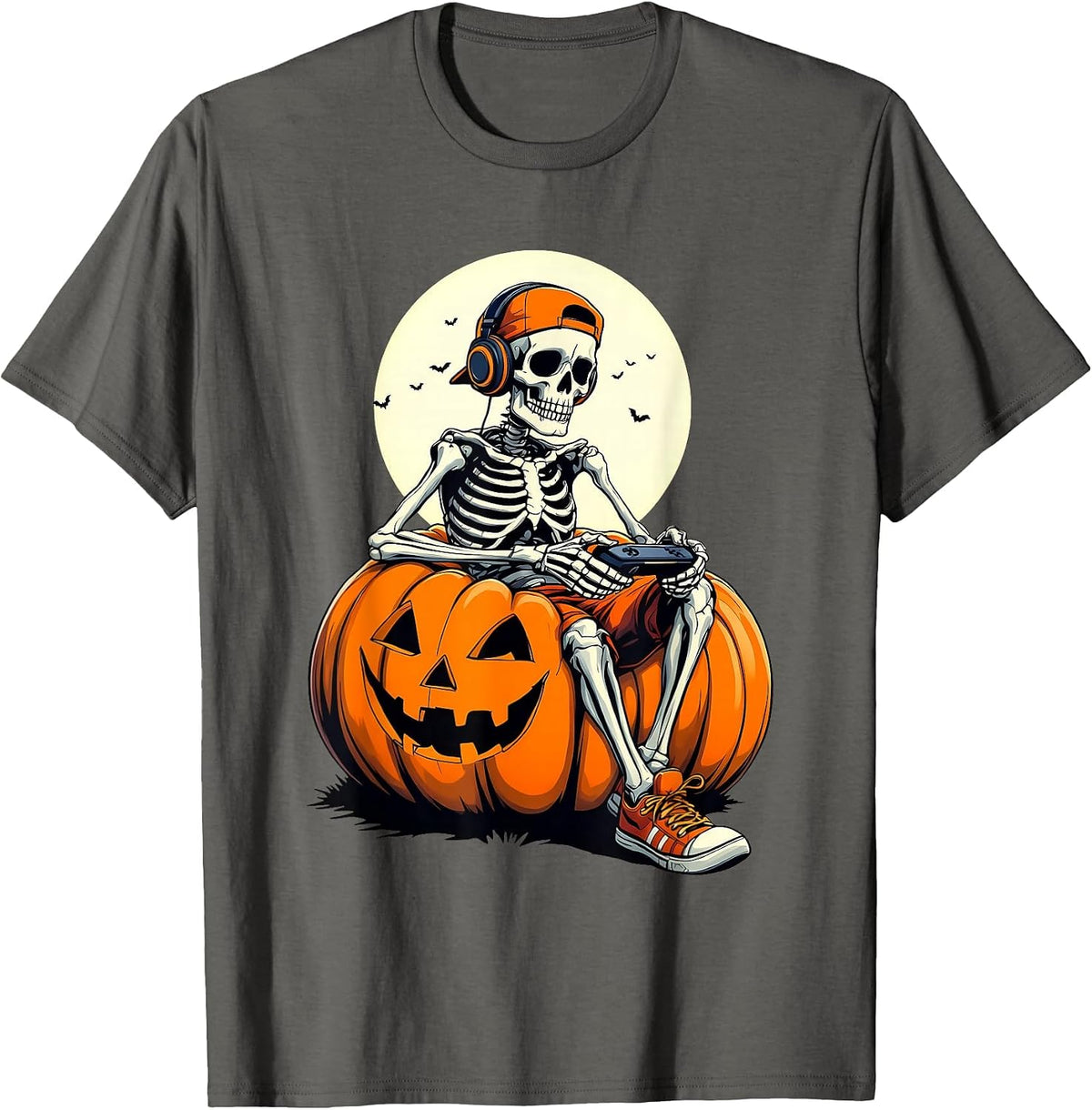 Spooky Pumpkin & Skeleton Gamer Tee | Boys & Kids Halloween T-Shirt - Asphalt Grey