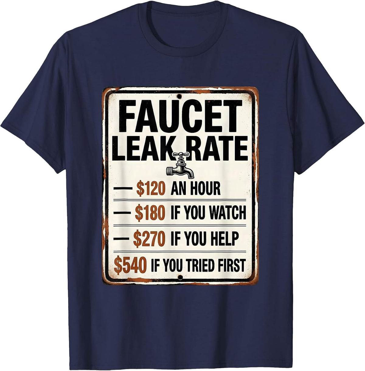 Faucet Leak Rate Funny Plumber Hourly Rate Gift T-Shirt - Navy Blue