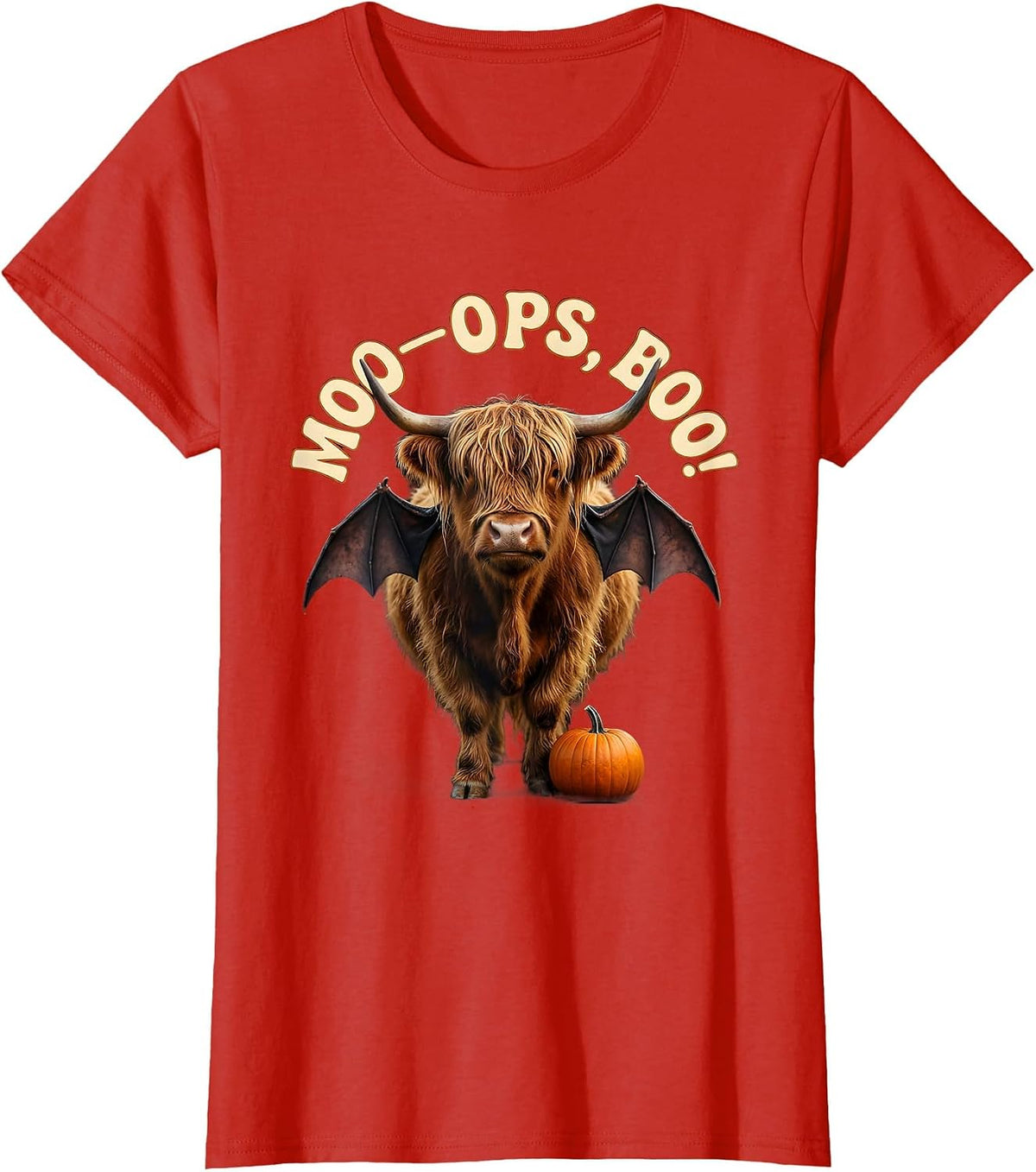 Moo—Oops, Boo! Whimsical Highland Cow Halloween Fall Family T-Shirt - Red
