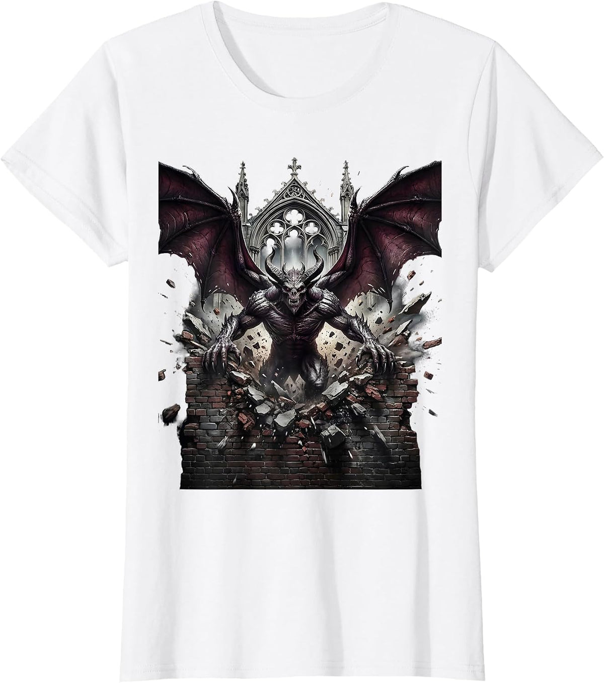 Winged Demon Bursting Through Brick Wall T-Shirt - White