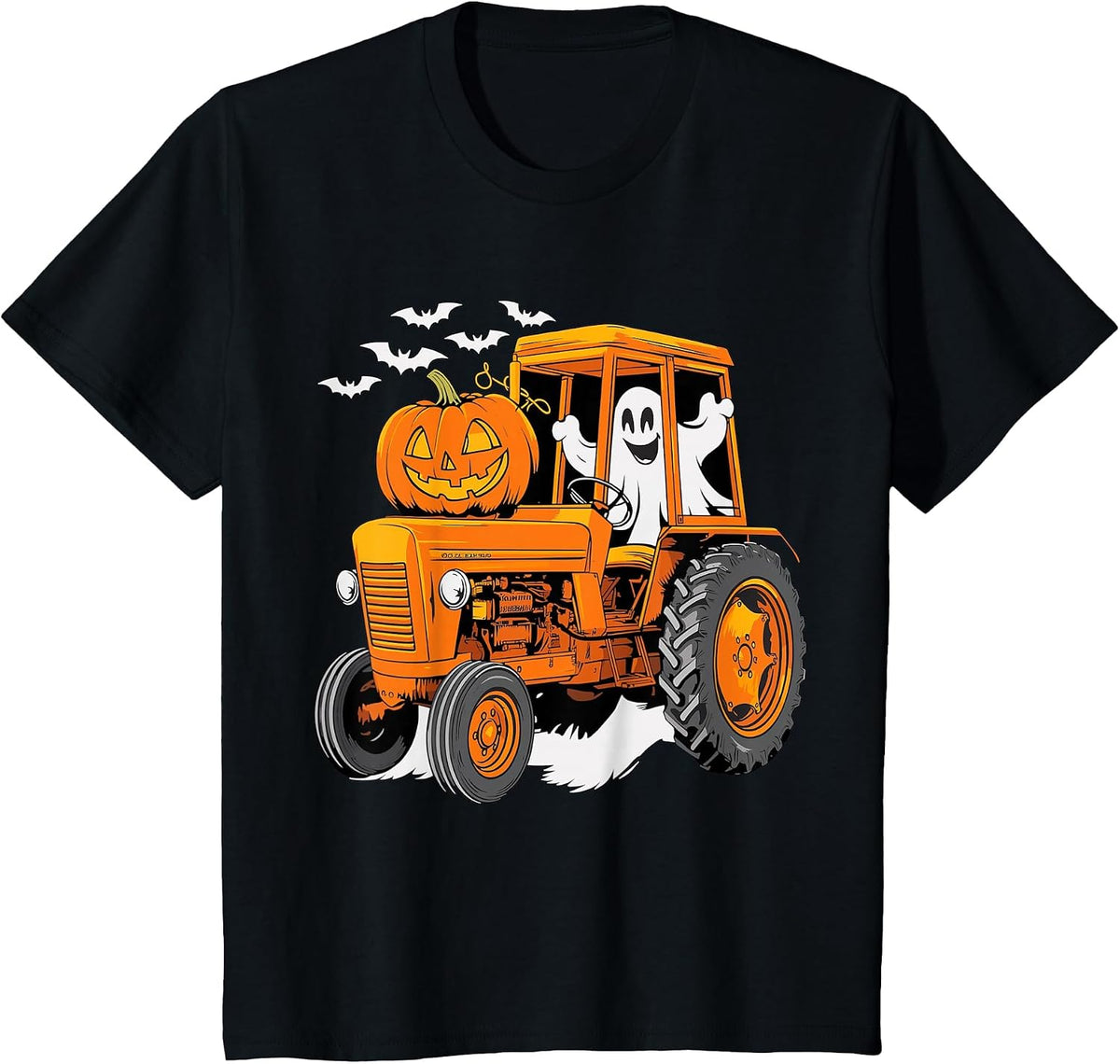 Farmer Tractor Ghost and Pumpkin Halloween Costume T-Shirt - Black