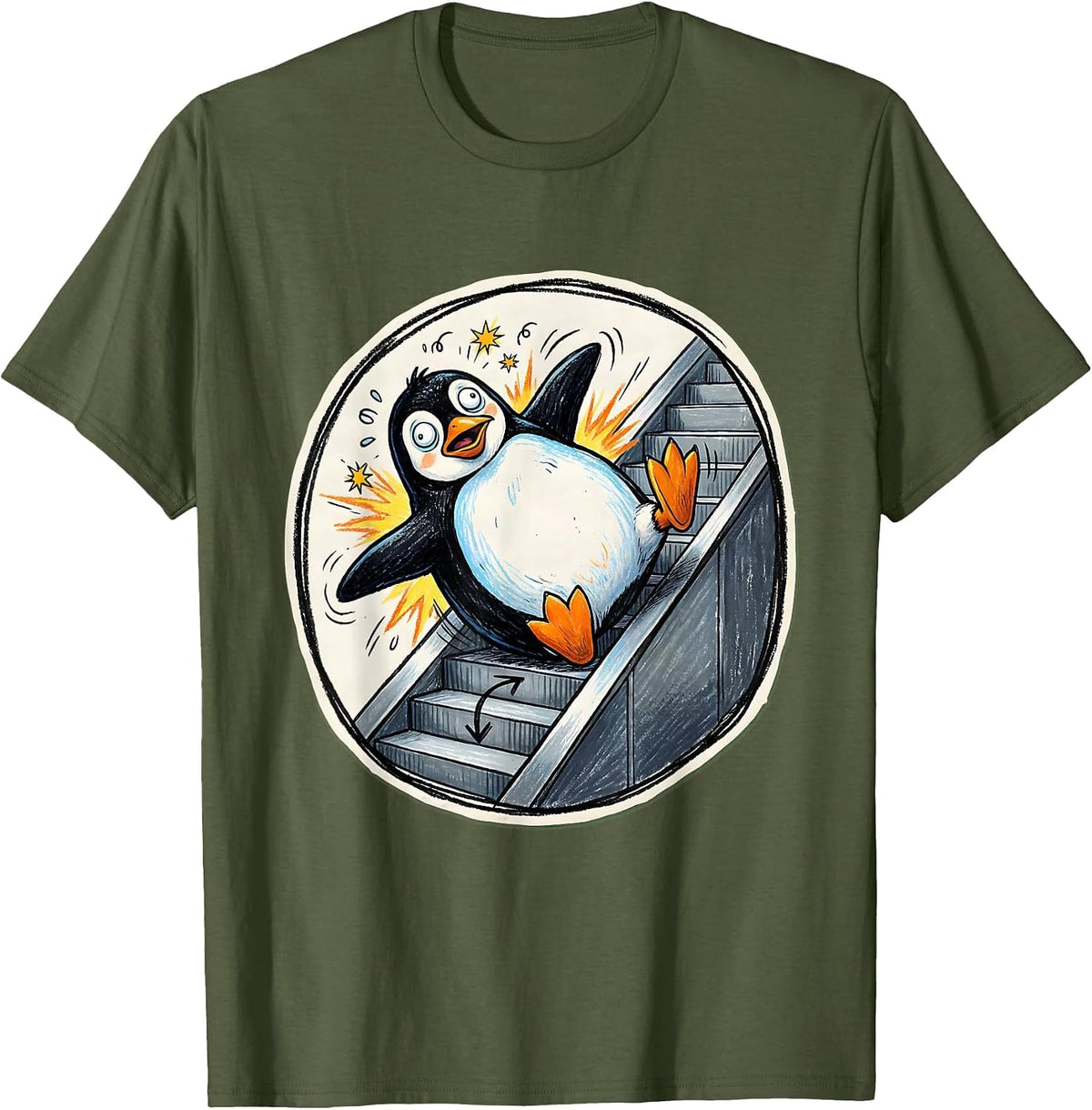Funny Penguin Escalator Fail Graphic Design T-Shirt - Olive Green