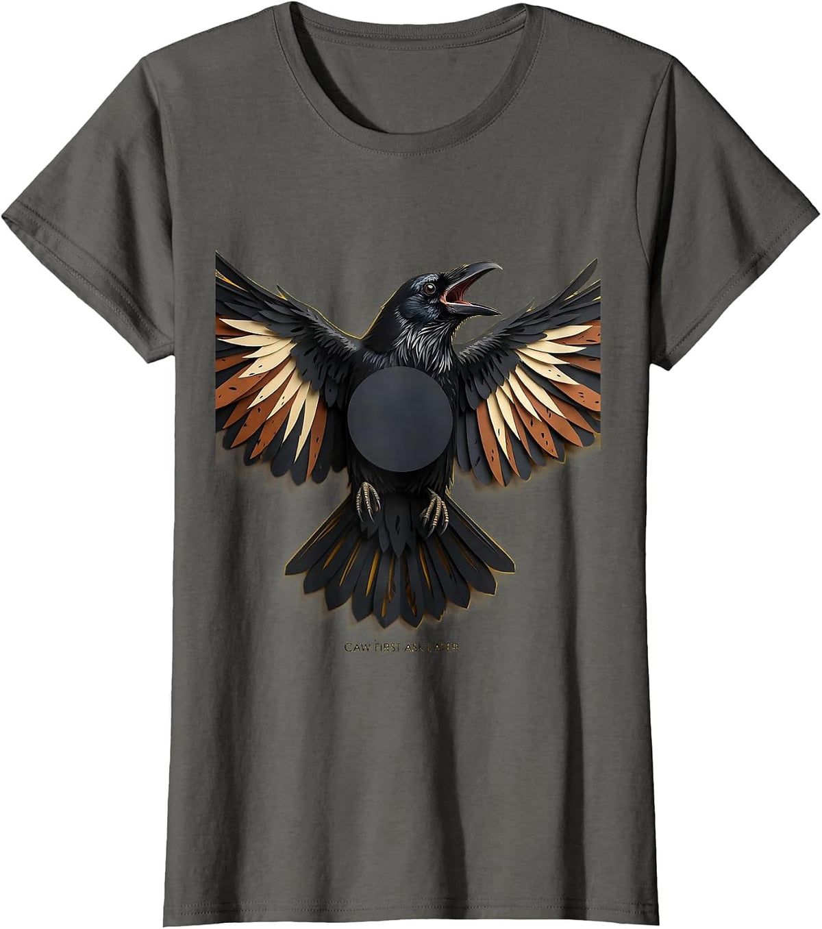 Women's Caw First Ask Later Bold Crow Design T-Shirt - Asphalt Grey
