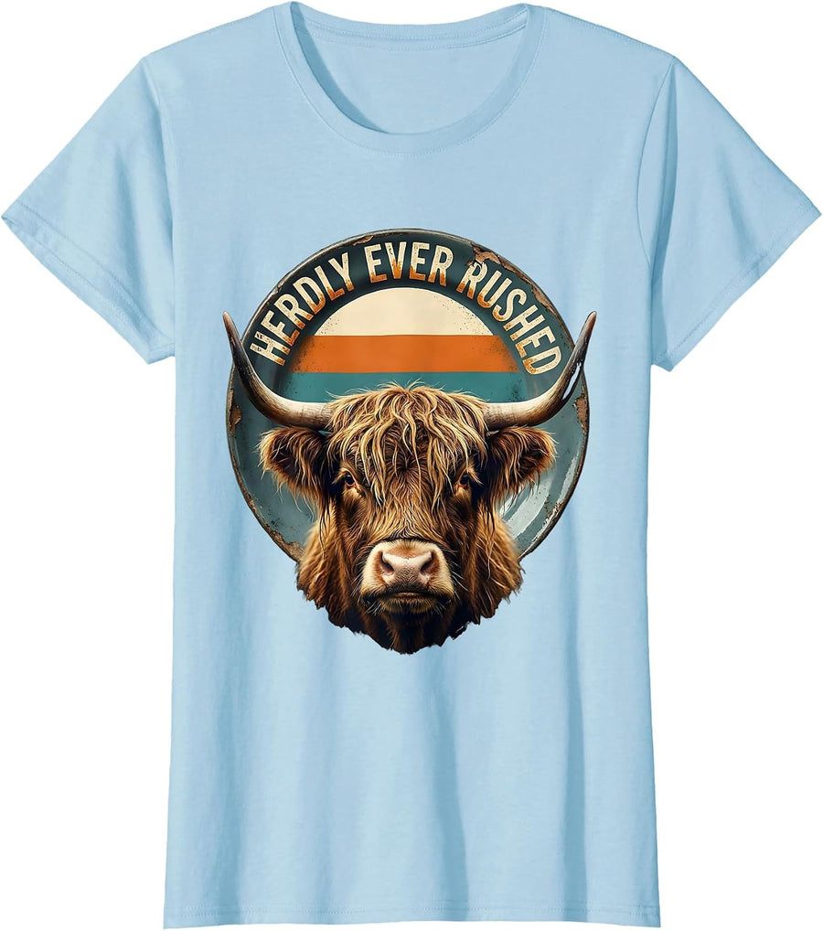 Women's Herdly Ever Rushed Funny Highland Cow Farm Animal Humor T-Shirt - Baby Blue