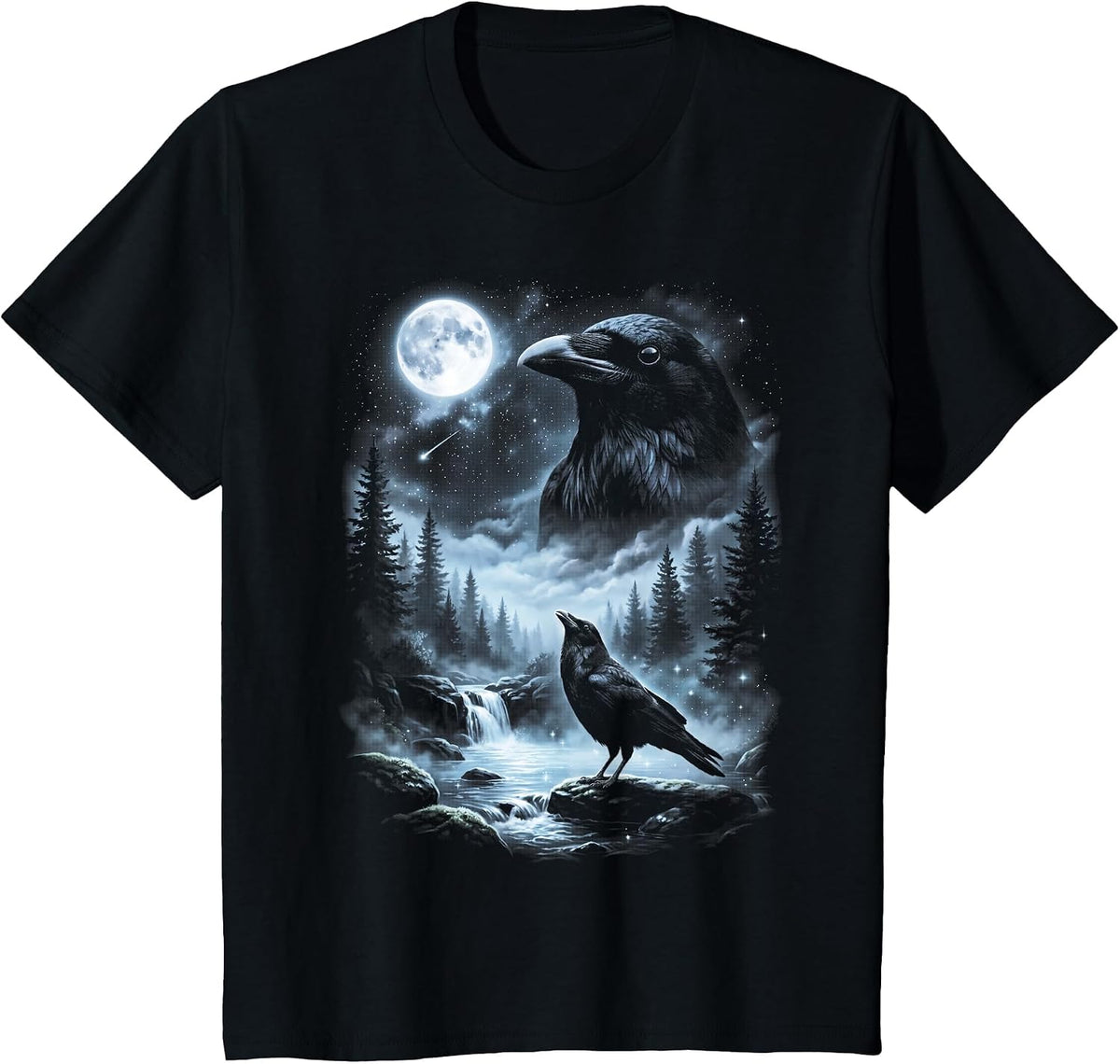 Crow Howling at Moon 90's Retro Birdwatcher T-Shirt - Black