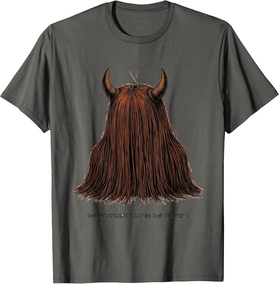 The Scissors Stay In The Drawer Funny Highland Cow Animal T-Shirt - Asphalt Grey