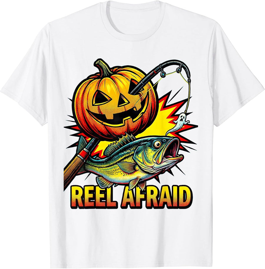 Men's Reel Afraid Pop Art Halloween Fishing Spooky Season T-Shirt - White