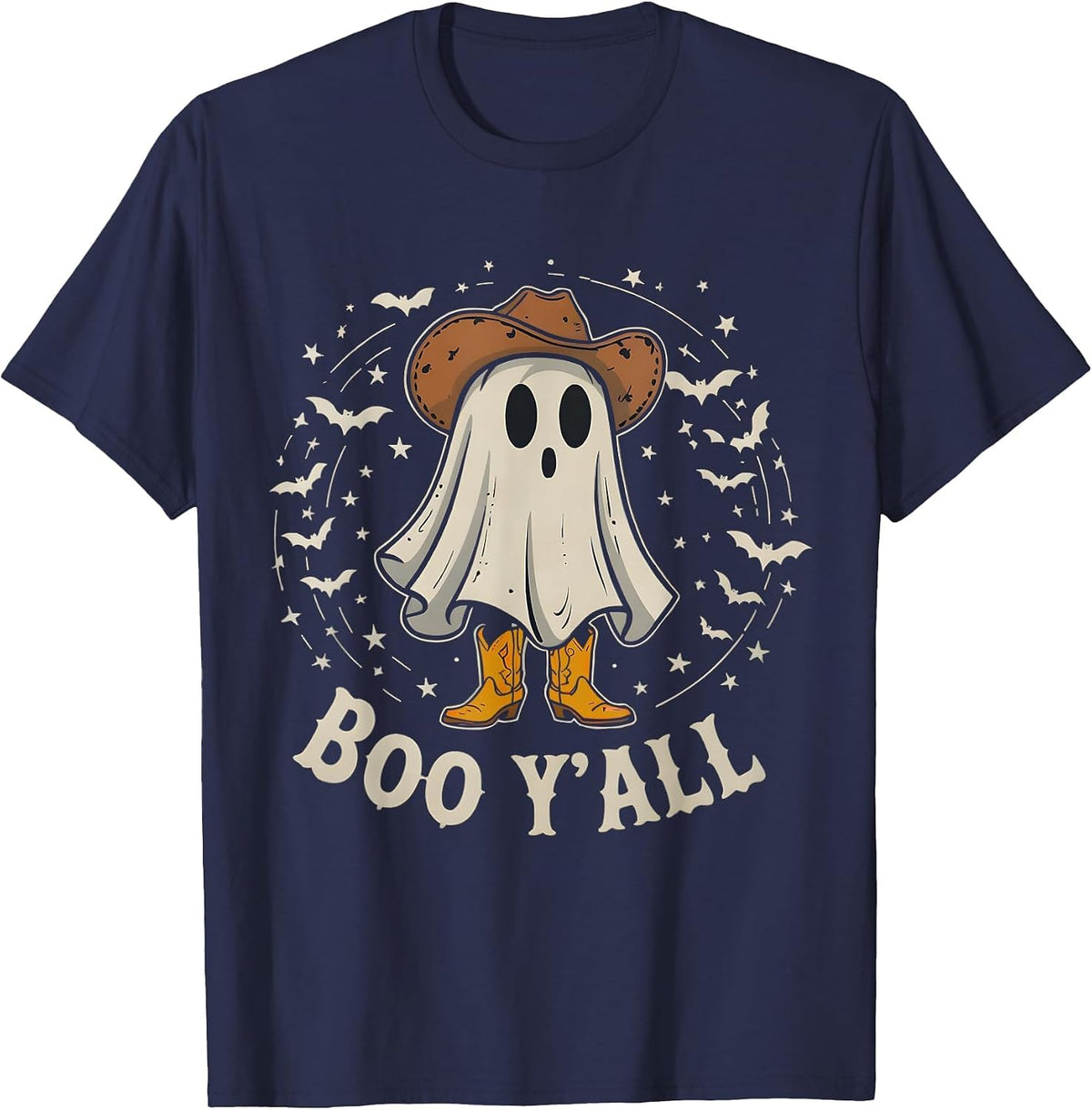 Western Country Halloween Southern Retro Ghost Boo Y'all T-Shirt - Navy Blue