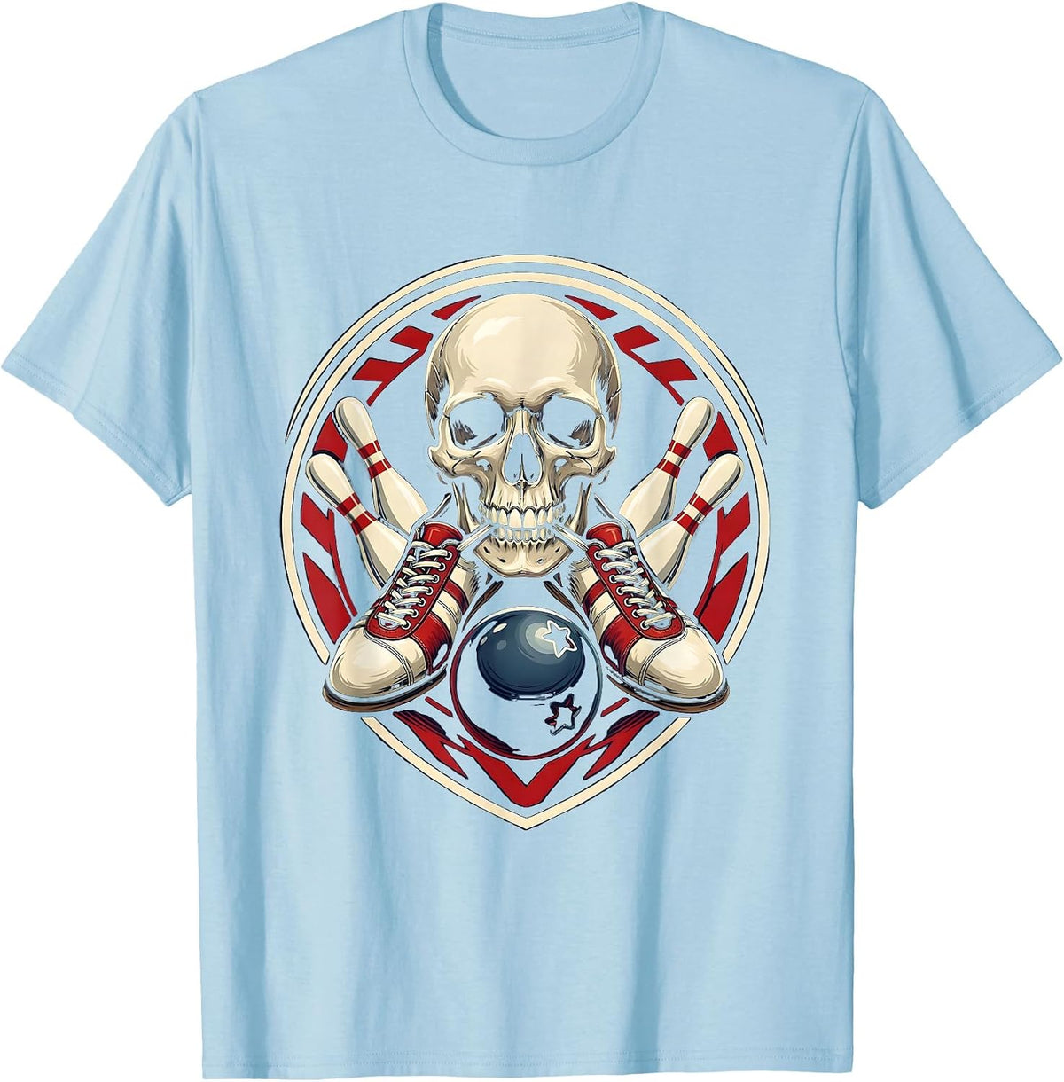 Men's Skull Bowling Shoes Graphic Tee T-Shirt - Baby Blue