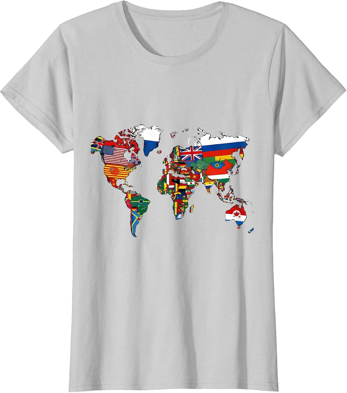 Women's World Flags Map Colorful Geography Lover Reference Chart T-Shirt - Silver Grey