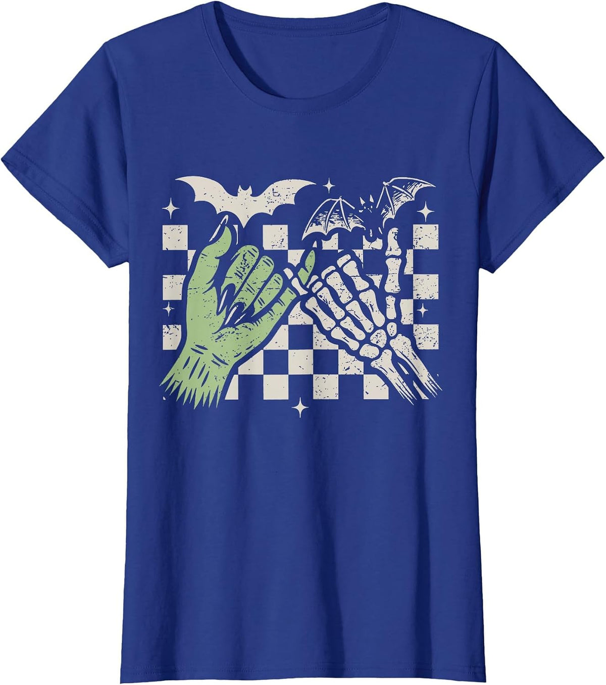 Retro Checkered Pinky Promise Witch Skeleton Halloween T-Shirt - Royal Blue