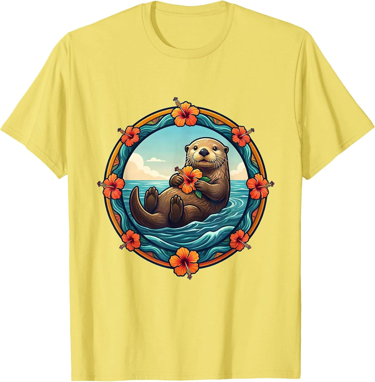 Men's Kids Hawaiian Sea Otter Hibiscus Flower Design T-Shirt - Lemon Yellow