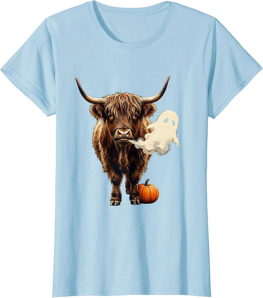 Women's Shaggy Highland Cow Ghost Pumpkin Spooky Halloween Humor T-Shirt - Baby Blue