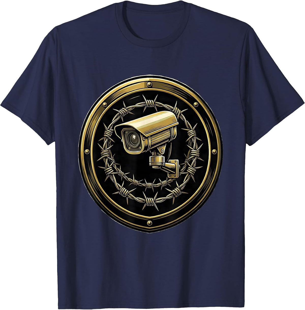 Surveillance Camera Barbed Wire Security Graphic T-Shirt - Navy Blue