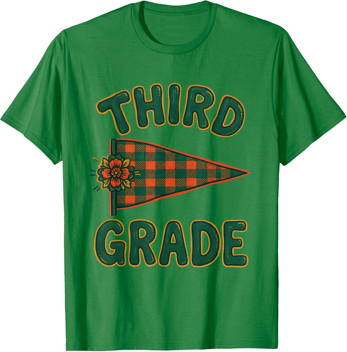Men's Third Grade Folk Art Pennant Flag Back to School T-Shirt - Kelly Green