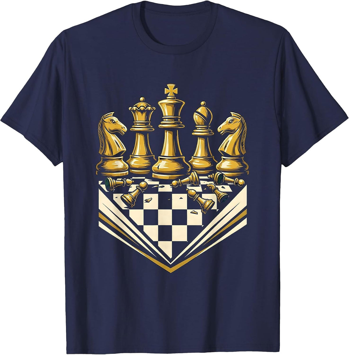 Chess Pieces Mid-Game Wooden Board Illustration T-Shirt - Navy Blue
