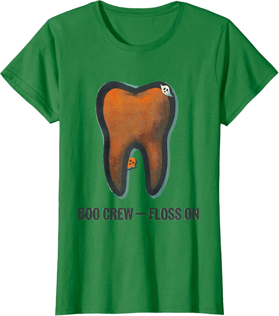 Women's Boo Crew Floss On Funny Dental Squad Halloween Costume Humor T-Shirt - Kelly Green
