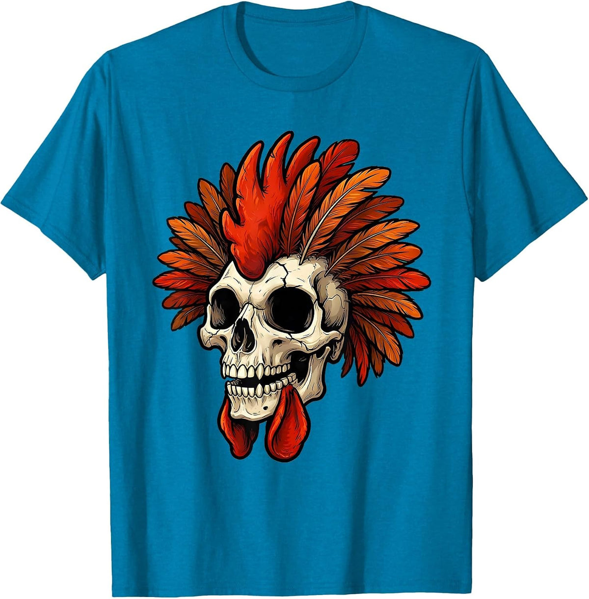 Rooster Skull Feather Mohawk Graphic Design T-Shirt - Sapphire Blue