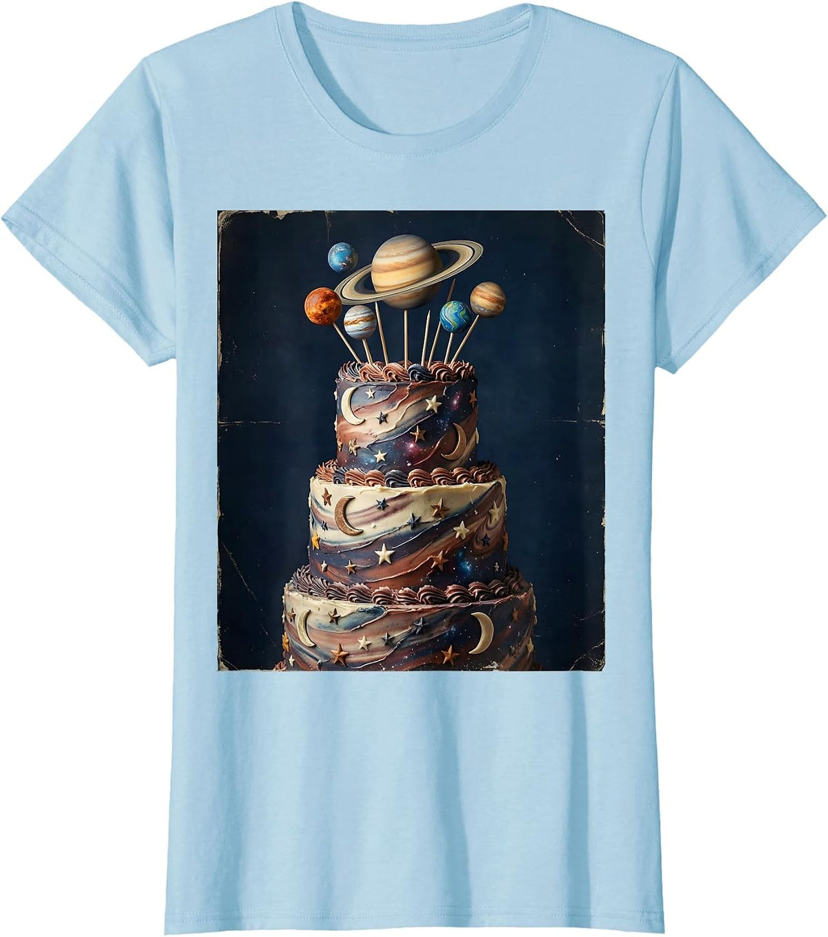 Galaxy Birthday Cake with Planet Toppers Illustration T-Shirt - Baby Blue