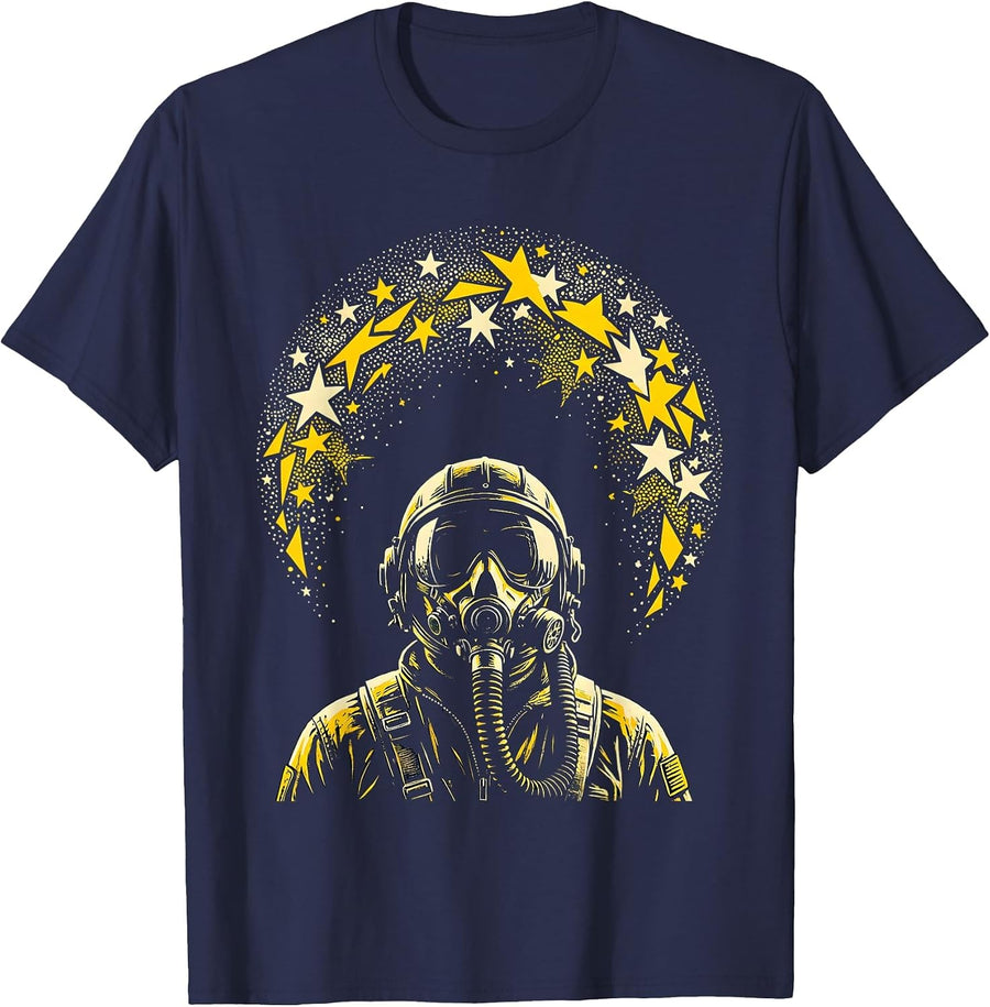 Lone Pilot Stargazing Night Sky Illustration T-Shirt - Navy Blue