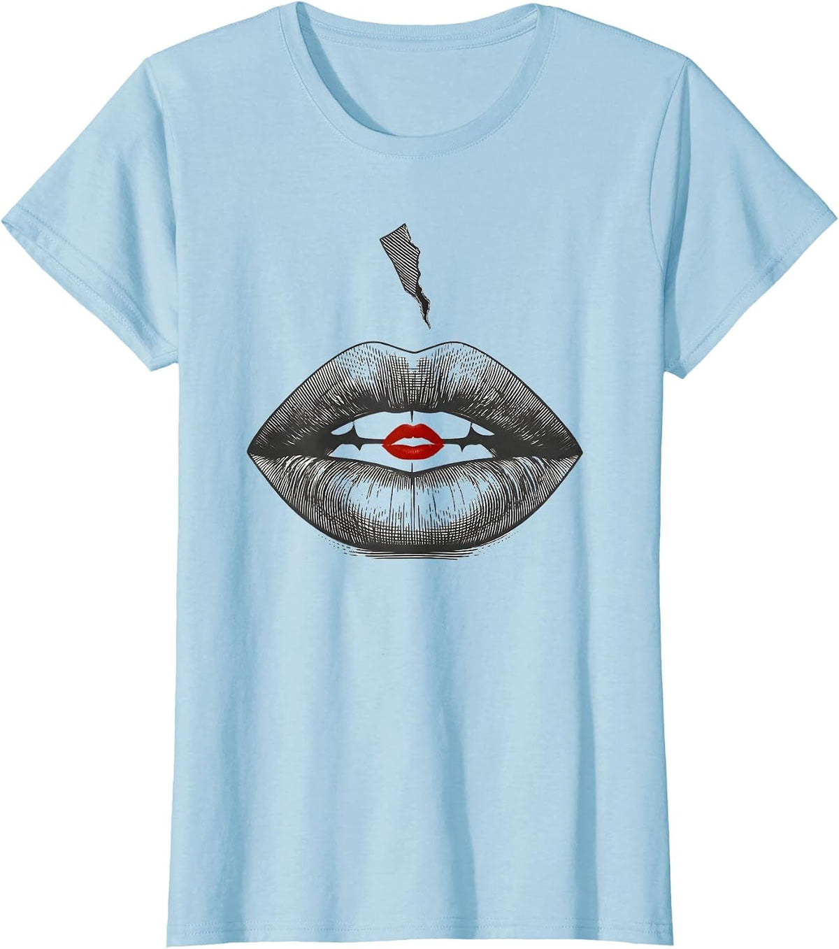 Oversized Open Lip Minimalist Flirty Romance Gift T-Shirt - Baby Blue
