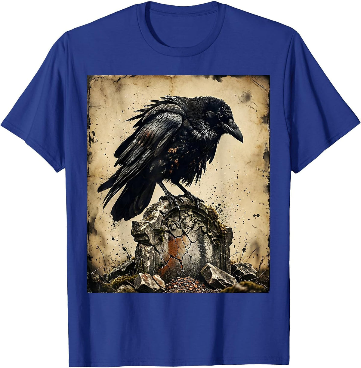 Men's Hooded Crow on Crumbling Gravestone Gothic Art T-Shirt - Royal Blue