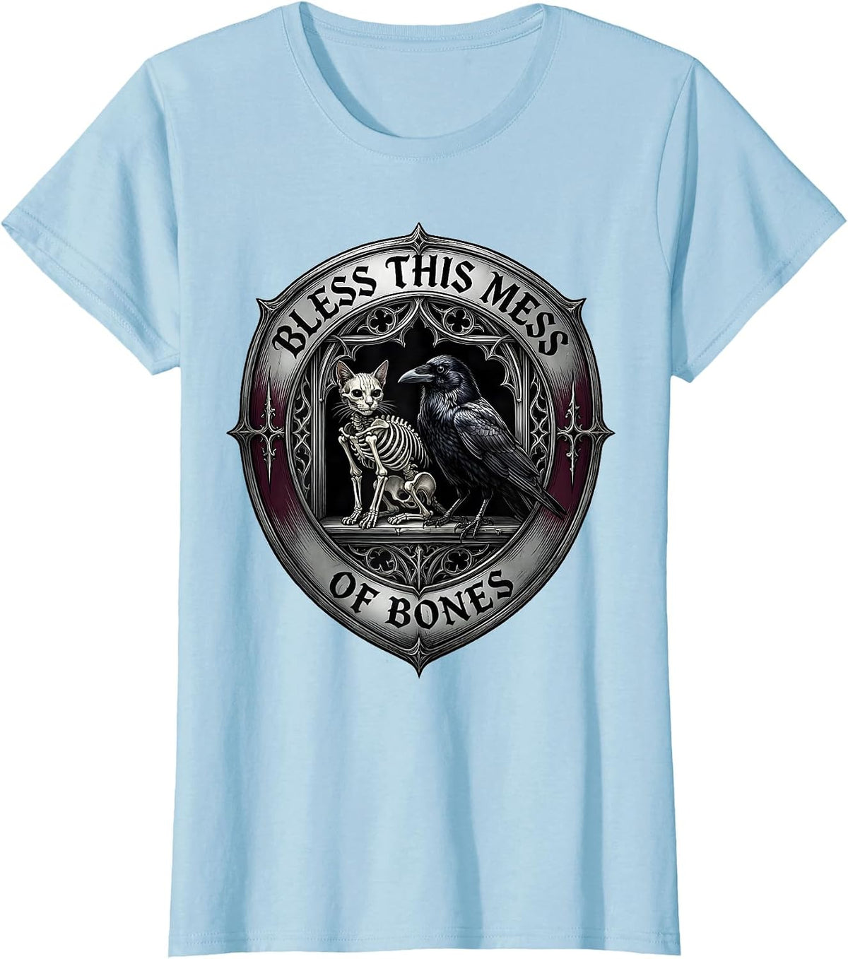 Bless This Mess Of Bones Gothic Horror Occult Cat Crow T-Shirt - Baby Blue
