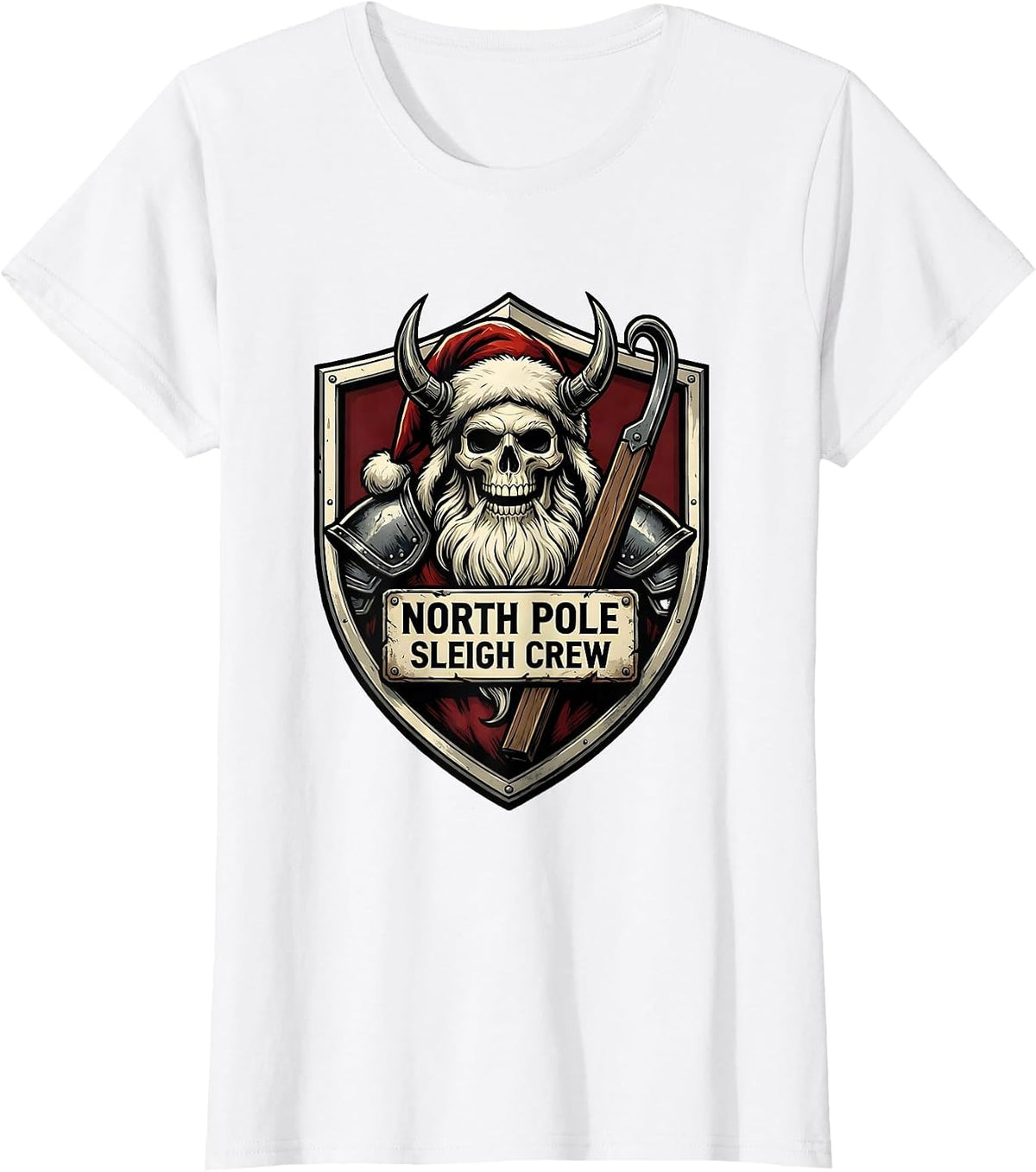 Women's North Pole Sleigh Crew Emblem Heavy Metal Santa Parody T-Shirt - White