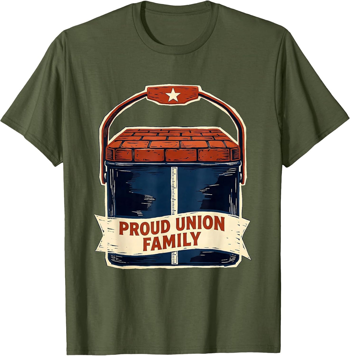 Men's Proud Union Family Linocut Labor Day Union Worker Solidarity T-Shirt - Olive Green