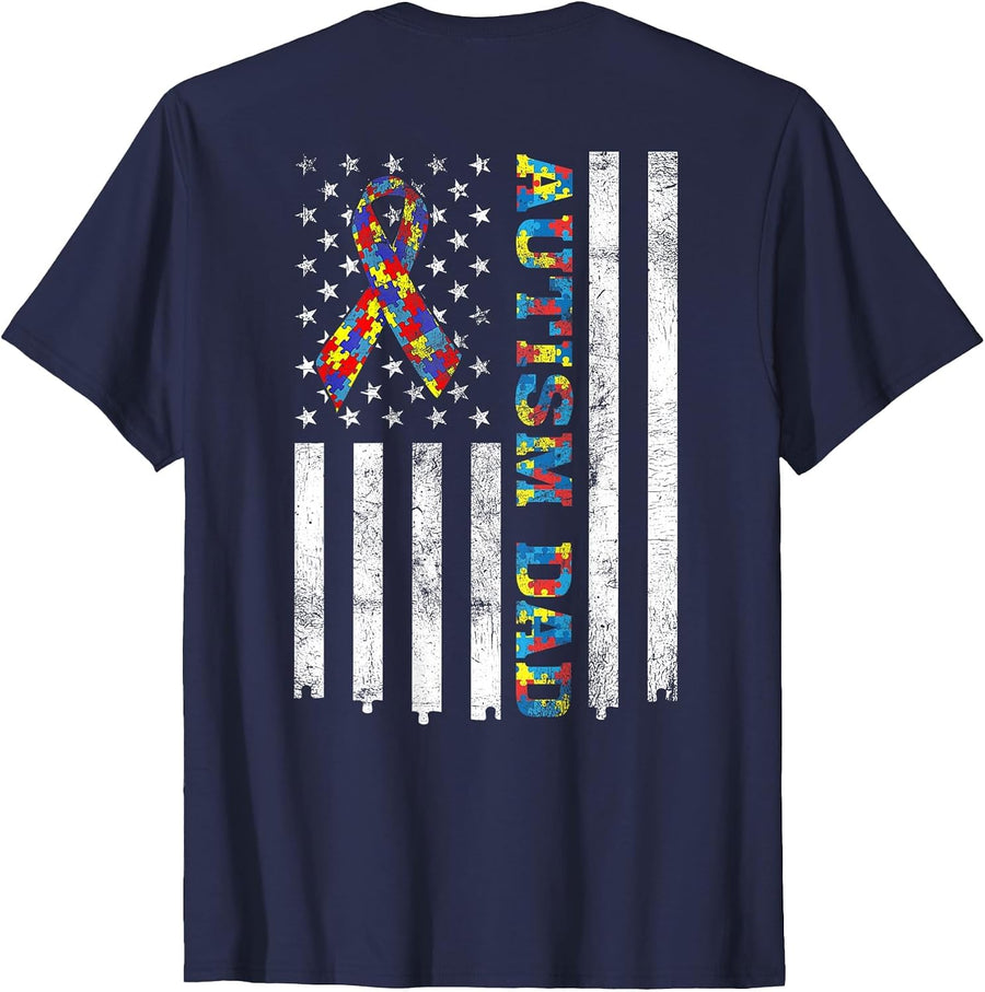 Autism Dad Autism Awareness Ribbon American Flag (On Back) T-Shirt - Navy Blue