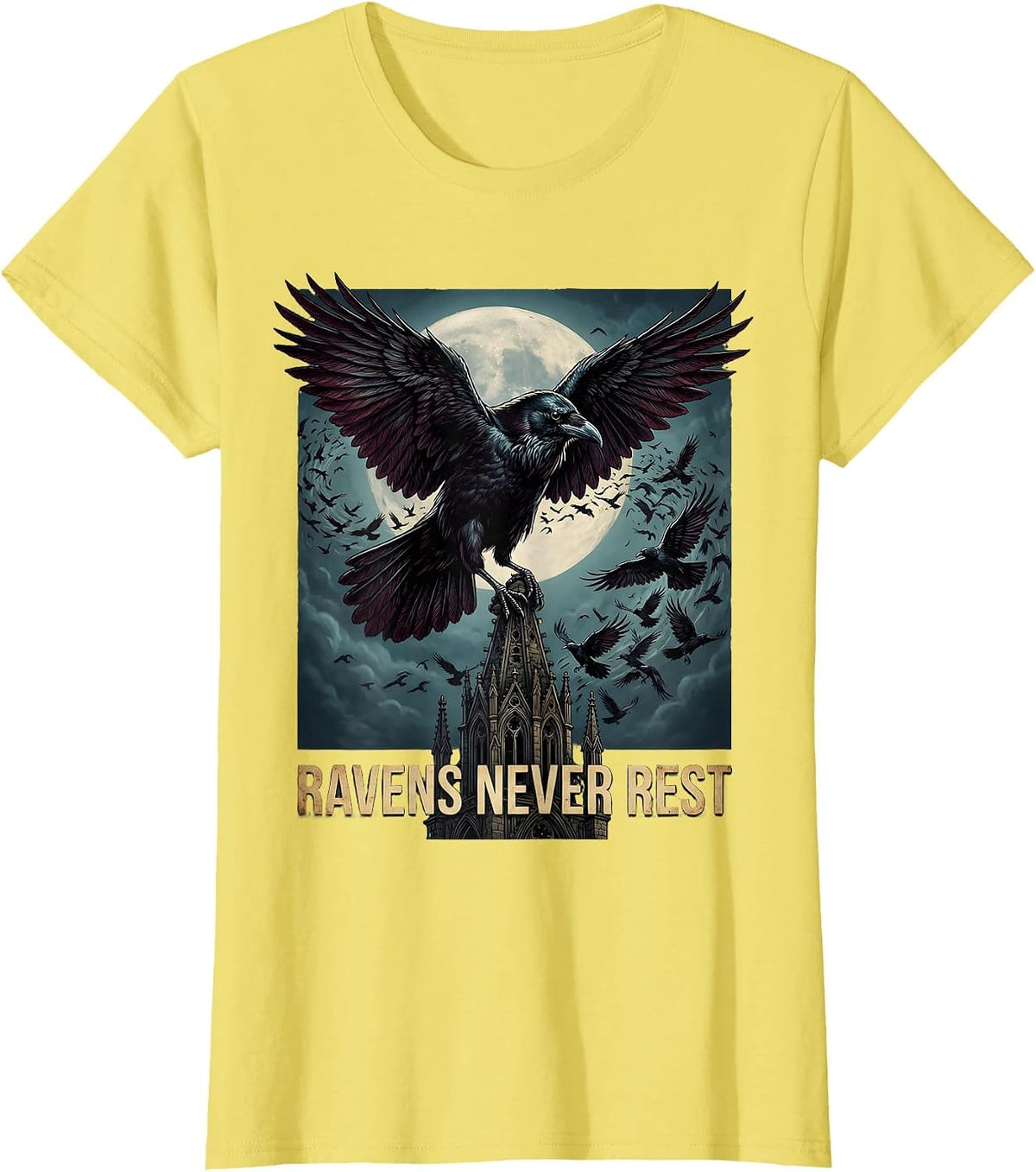 Ravens Never Rest Gothic Dark Bird Design T-Shirt - Lemon Yellow