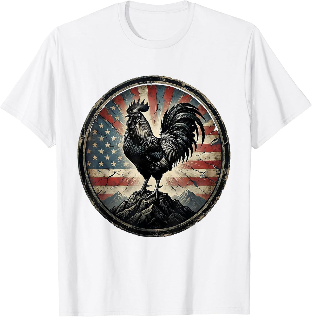 Men's Rooster on Mountain Peak Graphic Design T-Shirt - White
