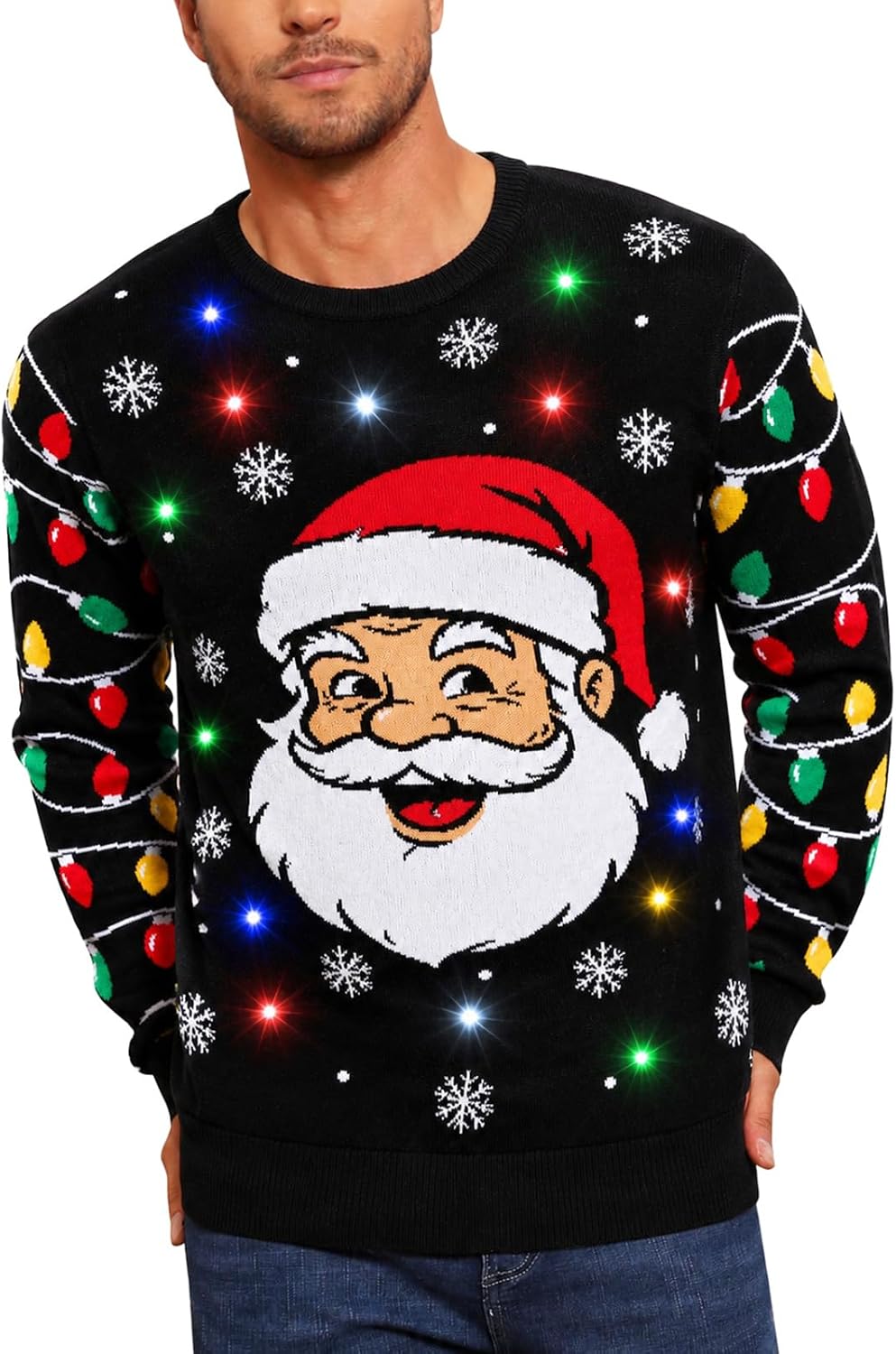 RAISEVERN Men Ugly Christmas Sweater Light Up Long Sleeve Knitted Pullover - Santa 11