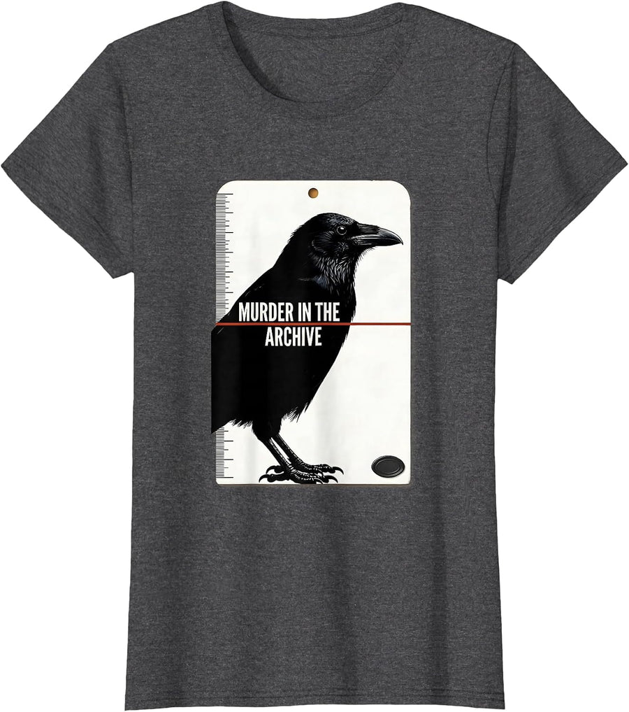 Women's Murder In The Archive Minimalist Crow Raven Gothic Humor T-Shirt - Dark Heather Grey