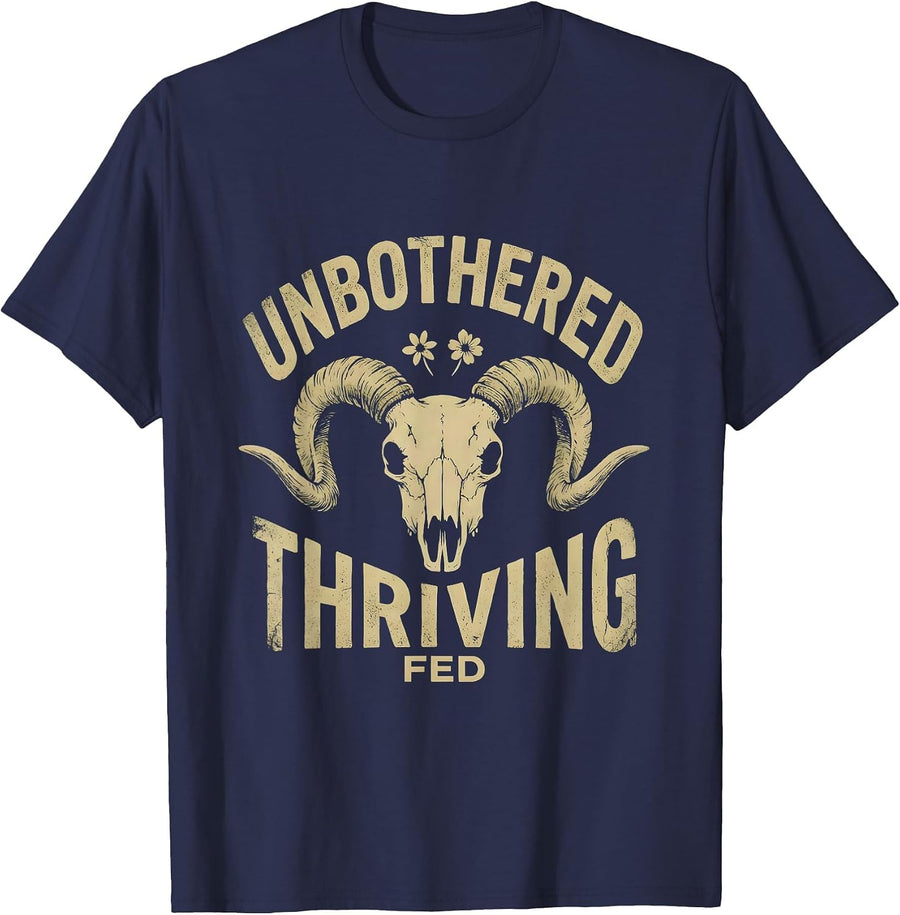 Unbothered Fed Thriving Funny Goat Design T-Shirt - Navy Blue