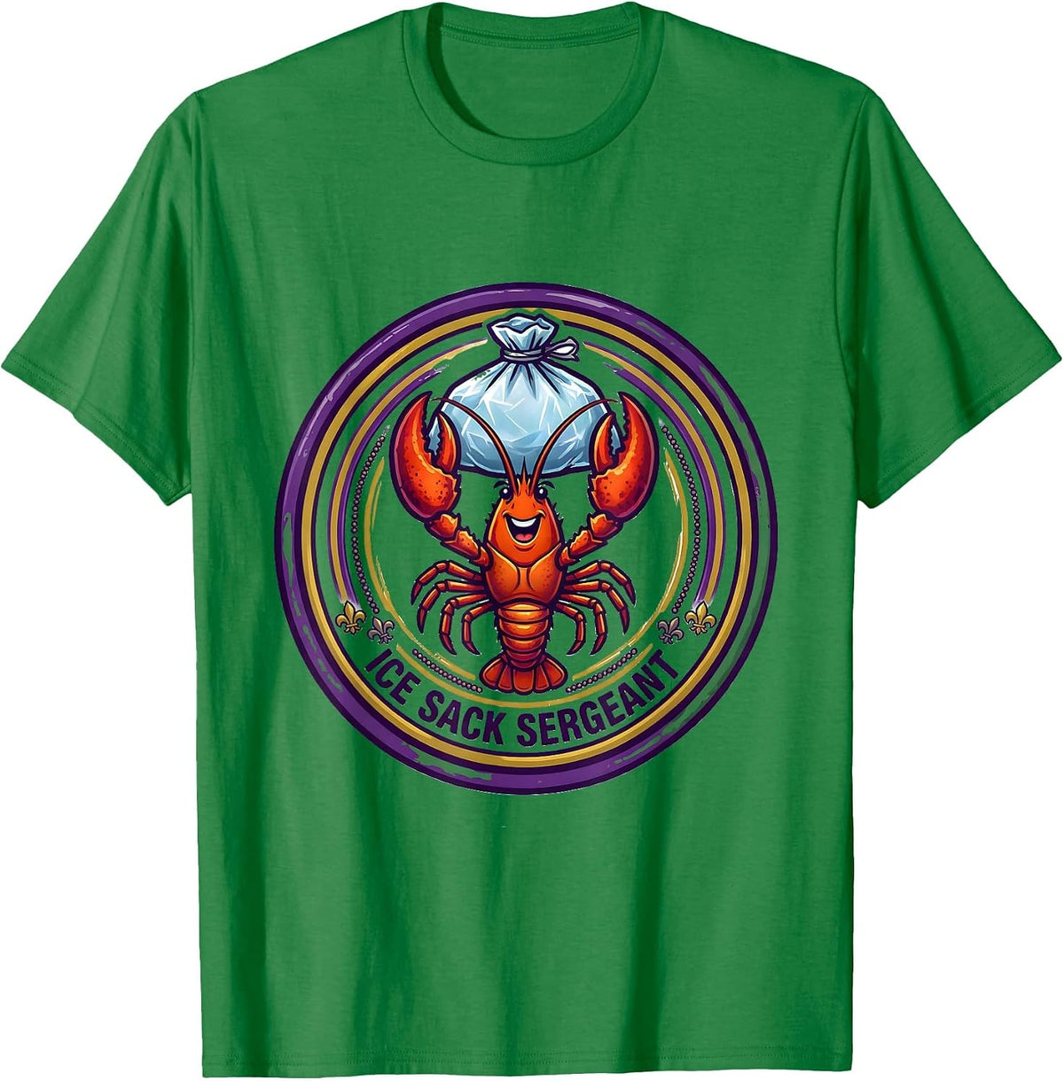 Men's Ice Sack Sergeant Emblem Funny Mardi Gras Crawfish Carnival T-Shirt - Kelly Green