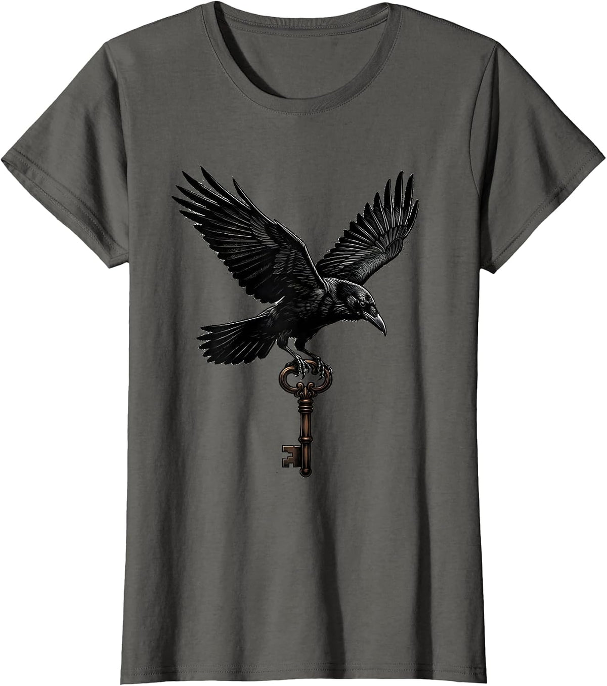 Women's Crow in Flight Clutching a Key Graphic Design T-Shirt - Asphalt Grey