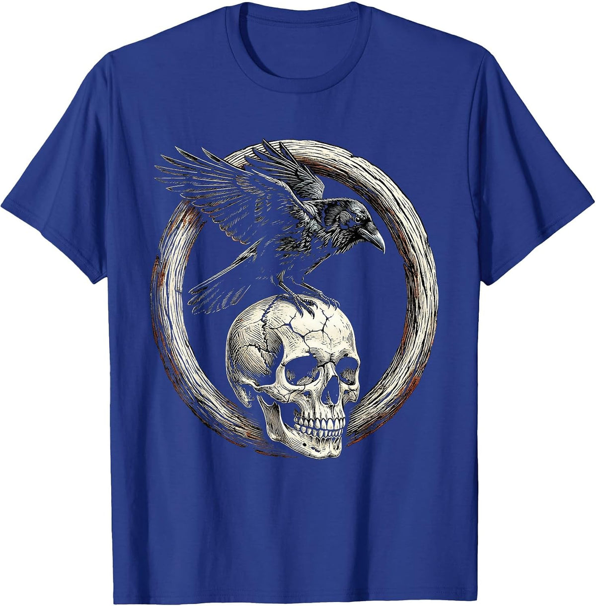 Men's Crow Perched on Skull Dark Gothic Illustration T-Shirt - Royal Blue