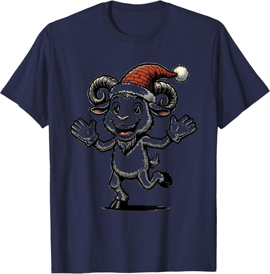 Goat Character Retro Cartoon Christmas Novelty T-Shirt - Navy Blue