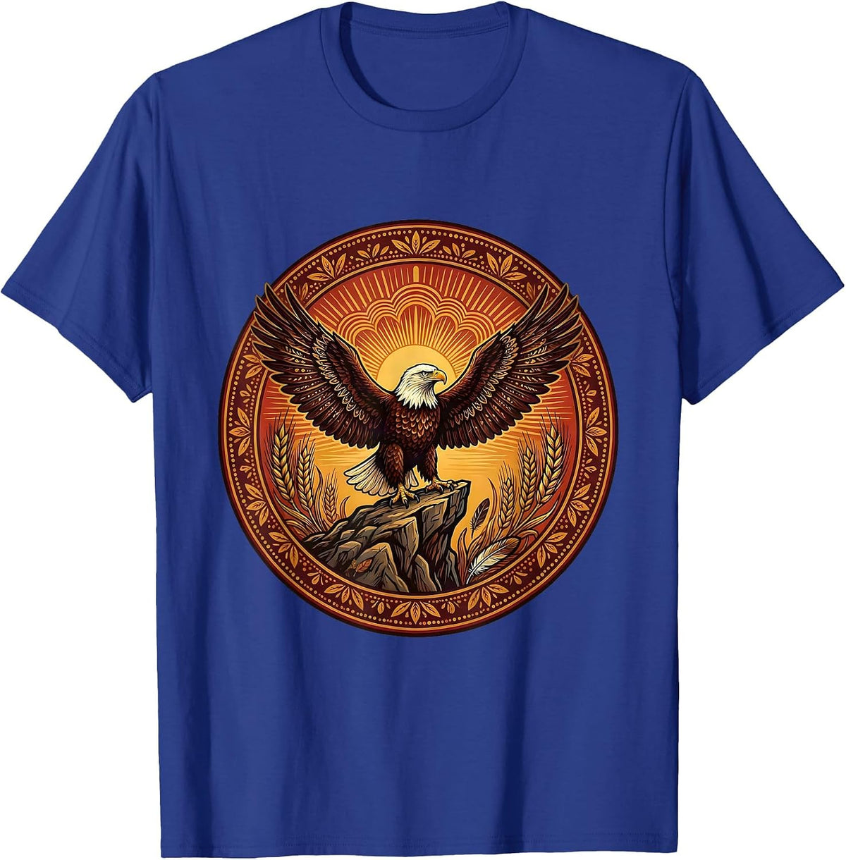 Men's Bald Eagle Cliff Sunrise Thanksgiving Design T-Shirt - Royal Blue