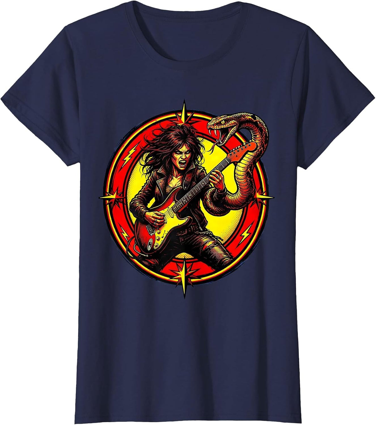 Women's Rock Goddess Snake and Electric Guitar Art T-Shirt - Navy Blue