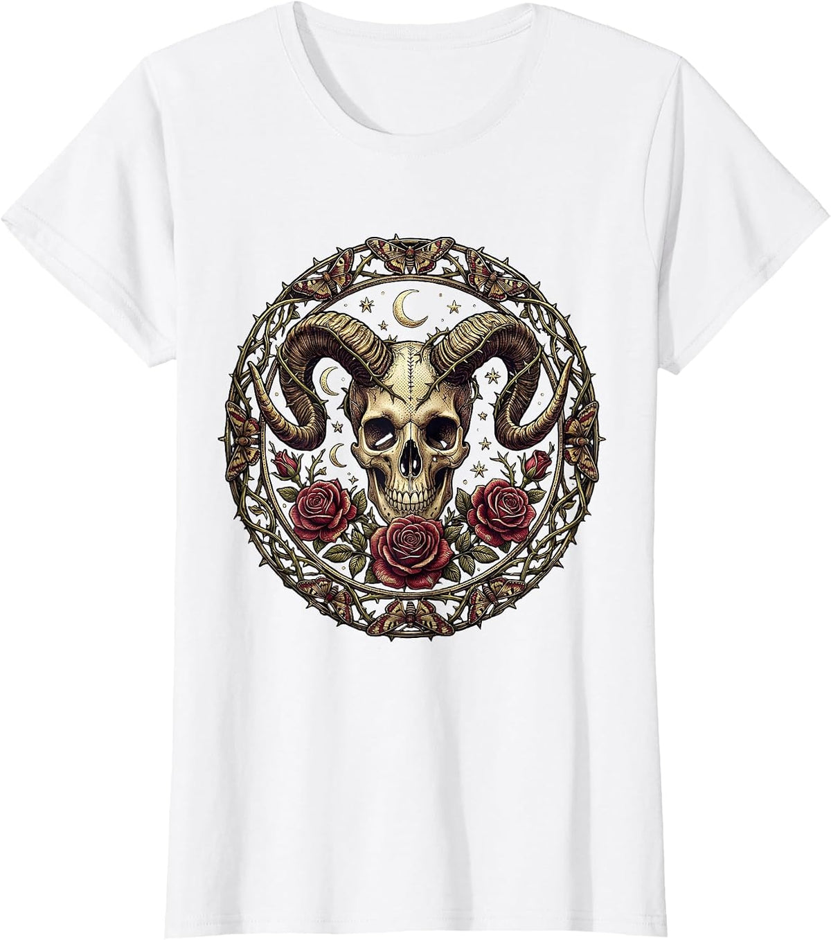 Women's Skull Ram Horns and Roses Gothic Dark Art Design T-Shirt - White