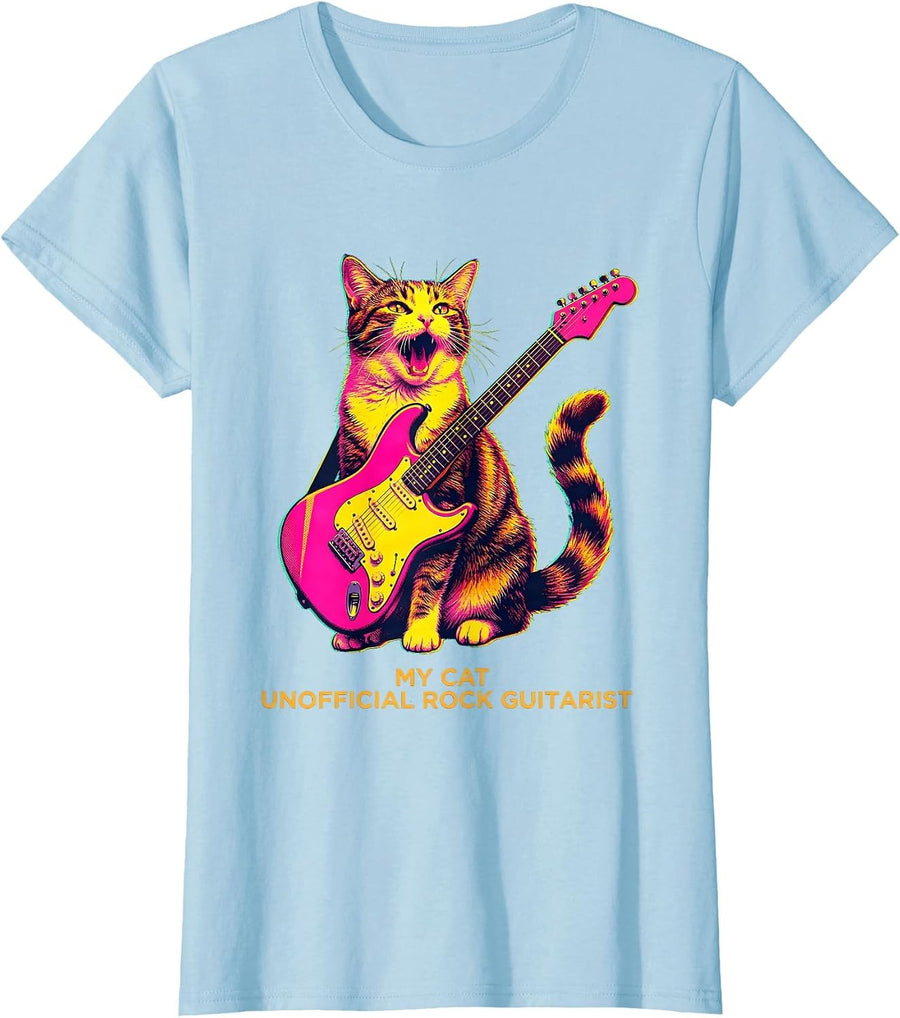 Women's My Cat, Unofficial Rock Guitarist Funny Cat Rock Music Lover T-Shirt - Baby Blue