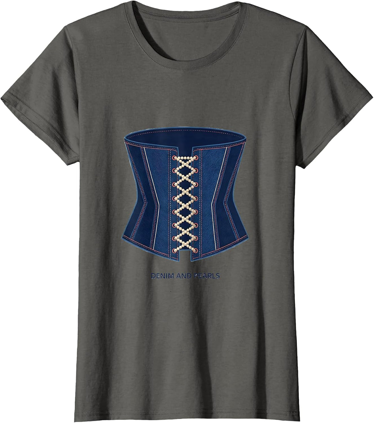 Women's Denim And Pearls Glam Vintage Ladylike Fashion Gift T-Shirt - Asphalt Grey