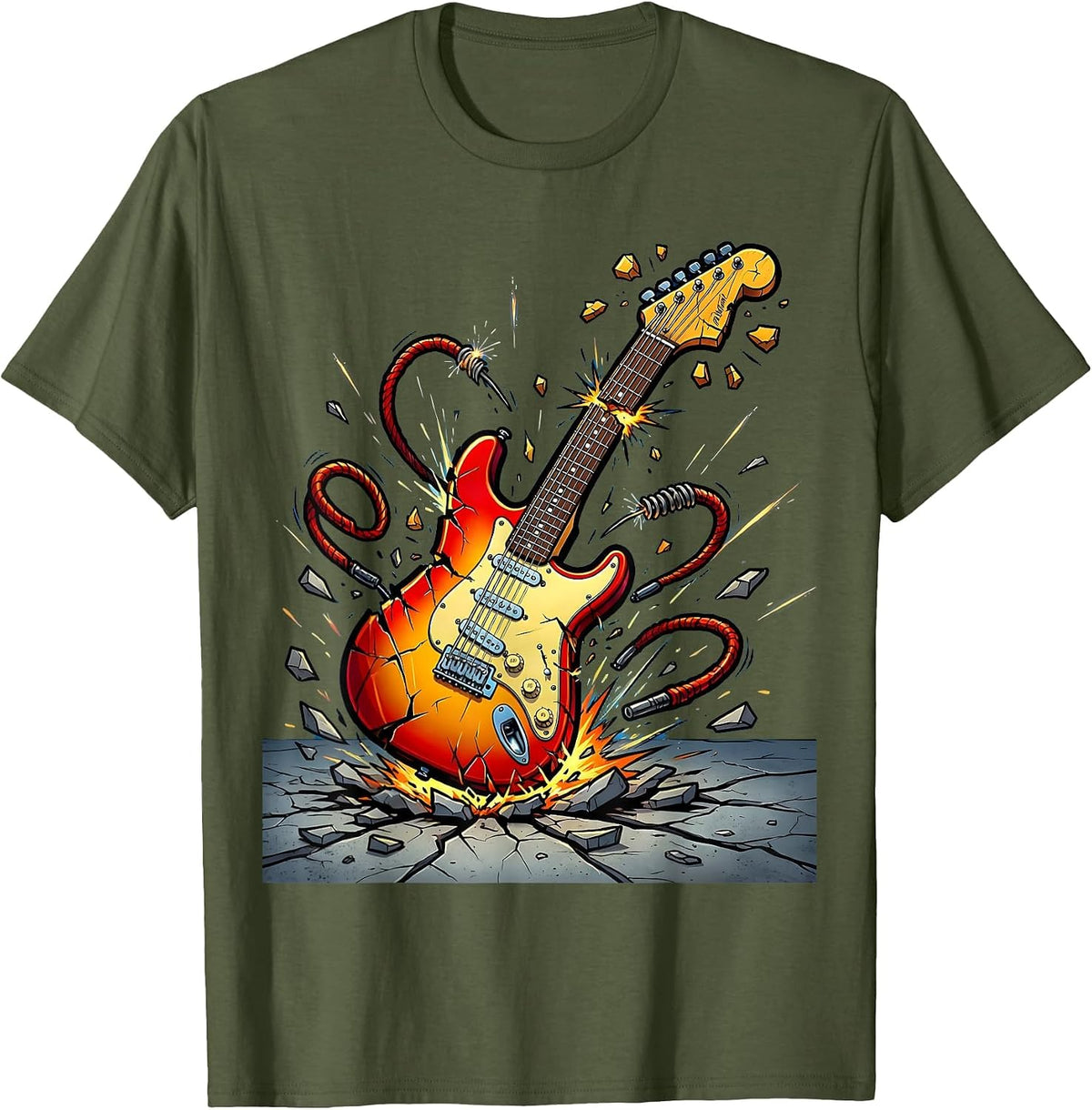 Men's Punk Guitar Smash Graphic Tee T-Shirt - Olive Green